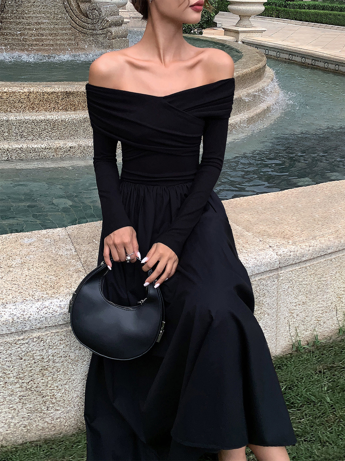 Off Shoulder Bardot Draped Bodice Pleated Full Skirt Long Sleeve Maxi Dress