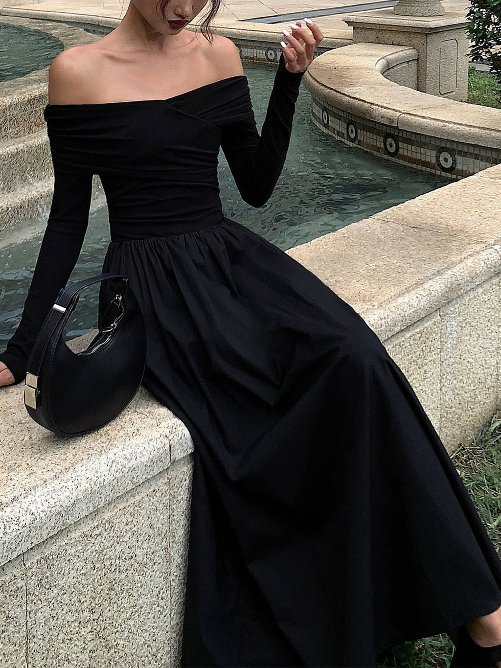 Off Shoulder Bardot Draped Bodice Pleated Full Skirt Long Sleeve Maxi Dress