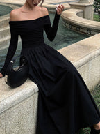 Off Shoulder Bardot Draped Bodice Pleated Full Skirt Long Sleeve Maxi Dress