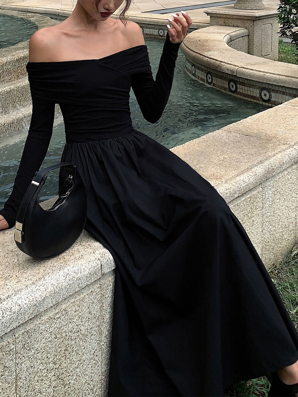 Off Shoulder Bardot Draped Bodice Pleated Full Skirt Long Sleeve Maxi Dress