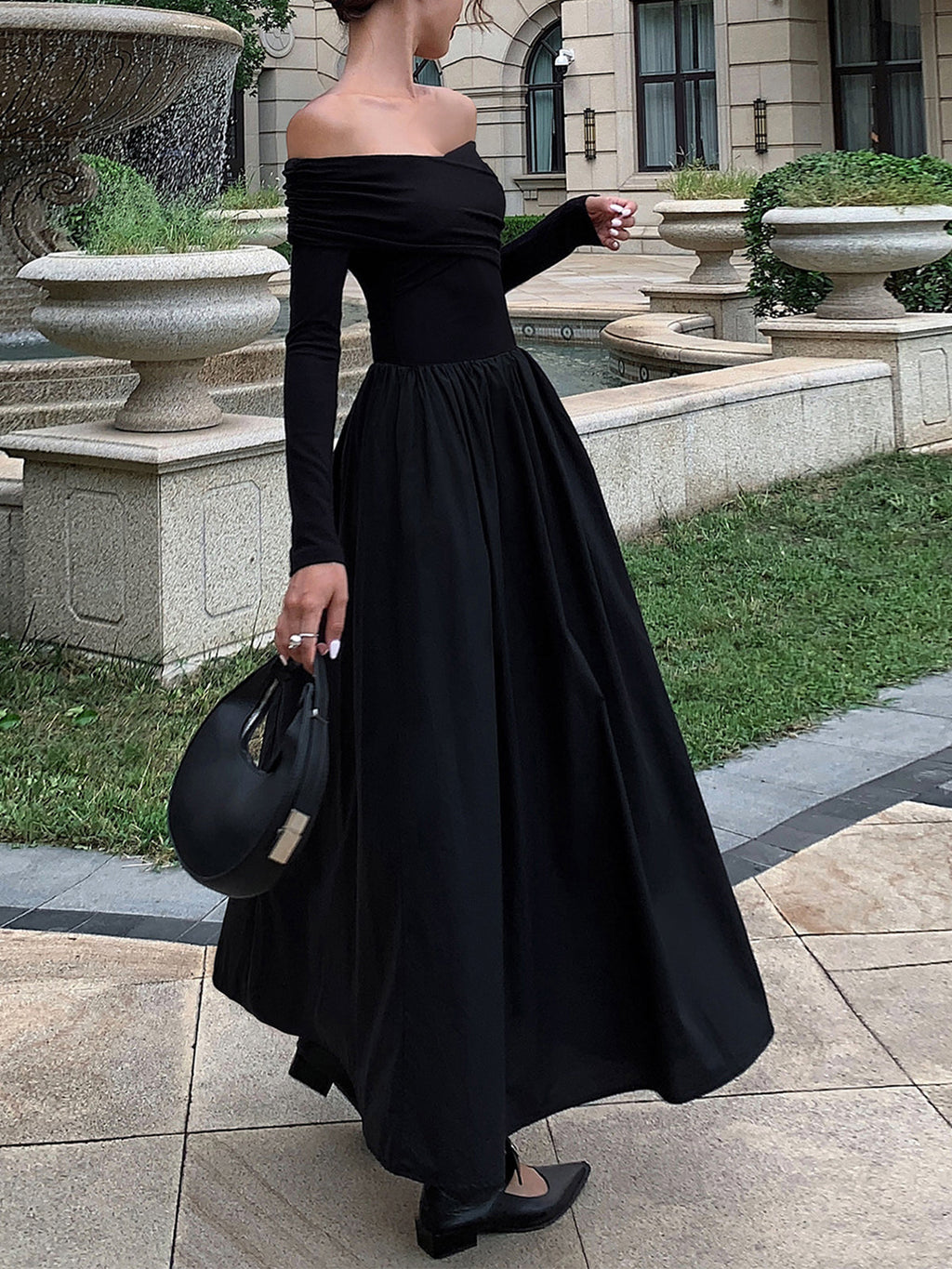 Off Shoulder Bardot Draped Bodice Pleated Full Skirt Long Sleeve Maxi Dress