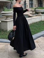 Off Shoulder Bardot Draped Bodice Pleated Full Skirt Long Sleeve Maxi Dress