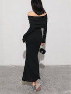 Off Shoulder Foldover Neck Long Sleeve Bodycon Maxi Dress