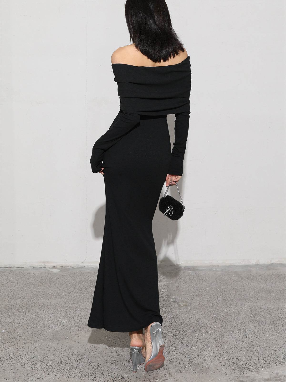 Off Shoulder Foldover Neck Long Sleeve Bodycon Maxi Dress