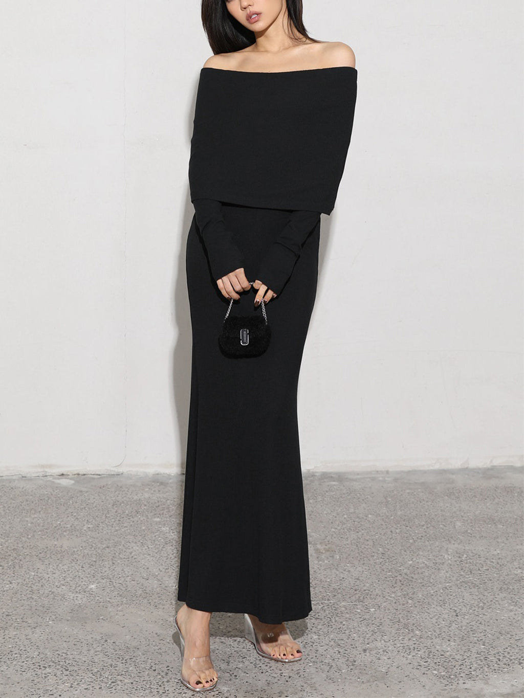 Off Shoulder Foldover Neck Long Sleeve Bodycon Maxi Dress