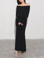 Off Shoulder Foldover Neck Long Sleeve Bodycon Maxi Dress