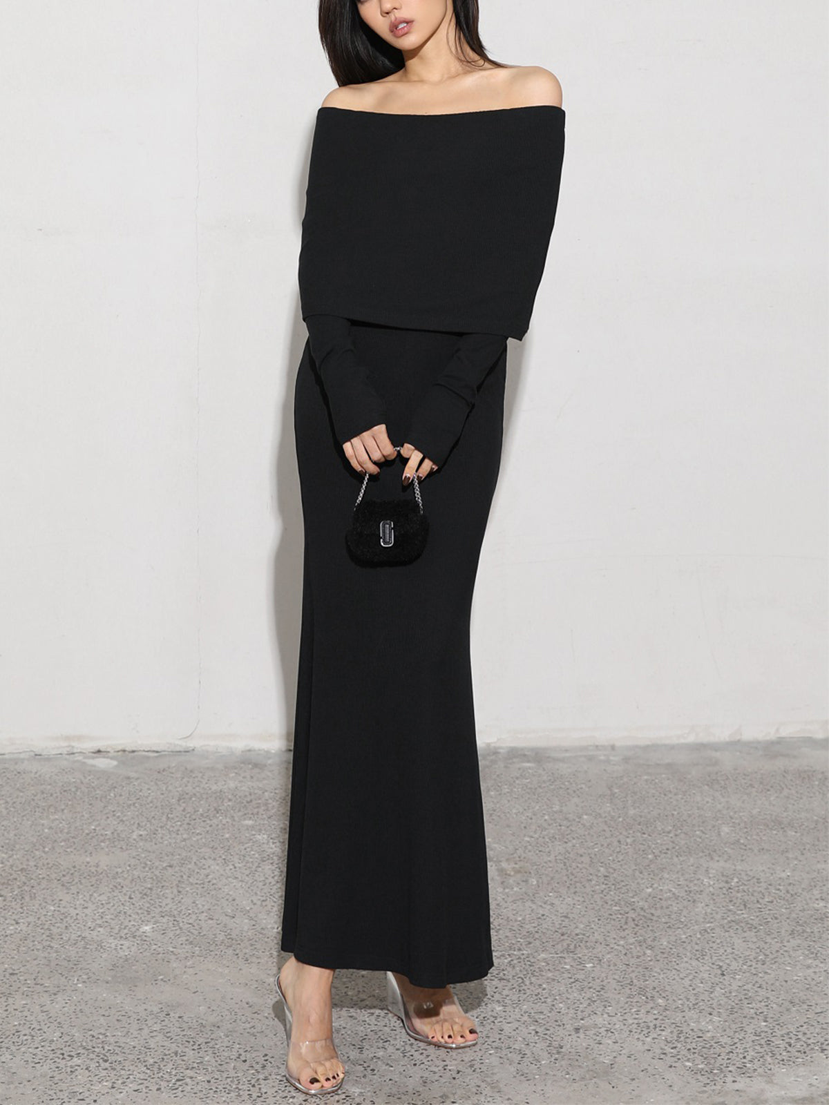 Off Shoulder Foldover Neck Long Sleeve Bodycon Maxi Dress