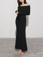 Off Shoulder Foldover Neck Long Sleeve Bodycon Maxi Dress