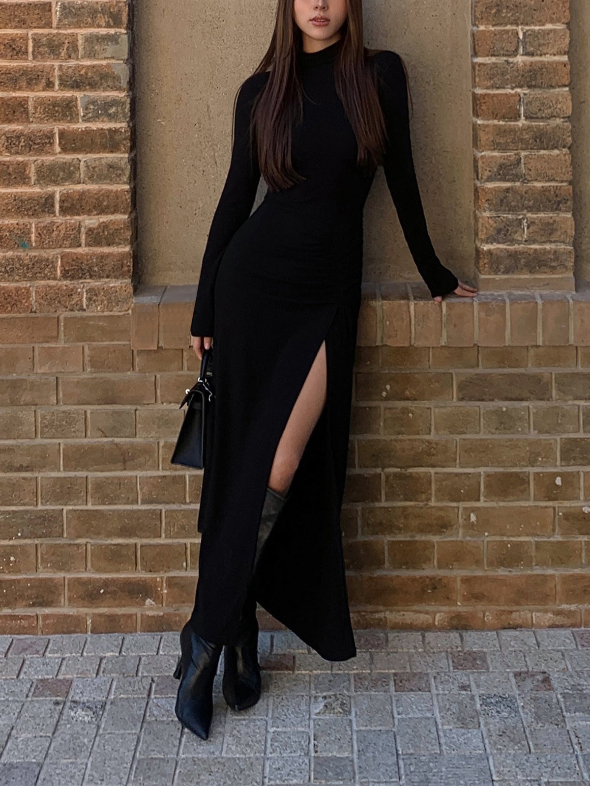 Mock Neck Ruched Side Slit Long Sleeve Maxi Dress