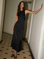 Cowl Neck Satin Bias Cut Sleeveless Column Maxi Dress