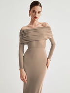 Off Shoulder Ruched Bodice Mesh Waist Panel Long Sleeve Maxi Gown