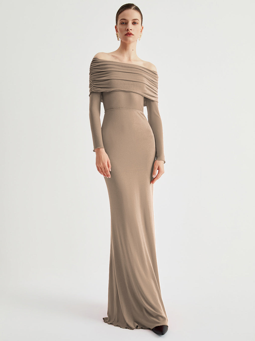 Off Shoulder Ruched Bodice Mesh Waist Panel Long Sleeve Maxi Gown