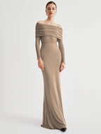 Off Shoulder Ruched Bodice Mesh Waist Panel Long Sleeve Maxi Gown
