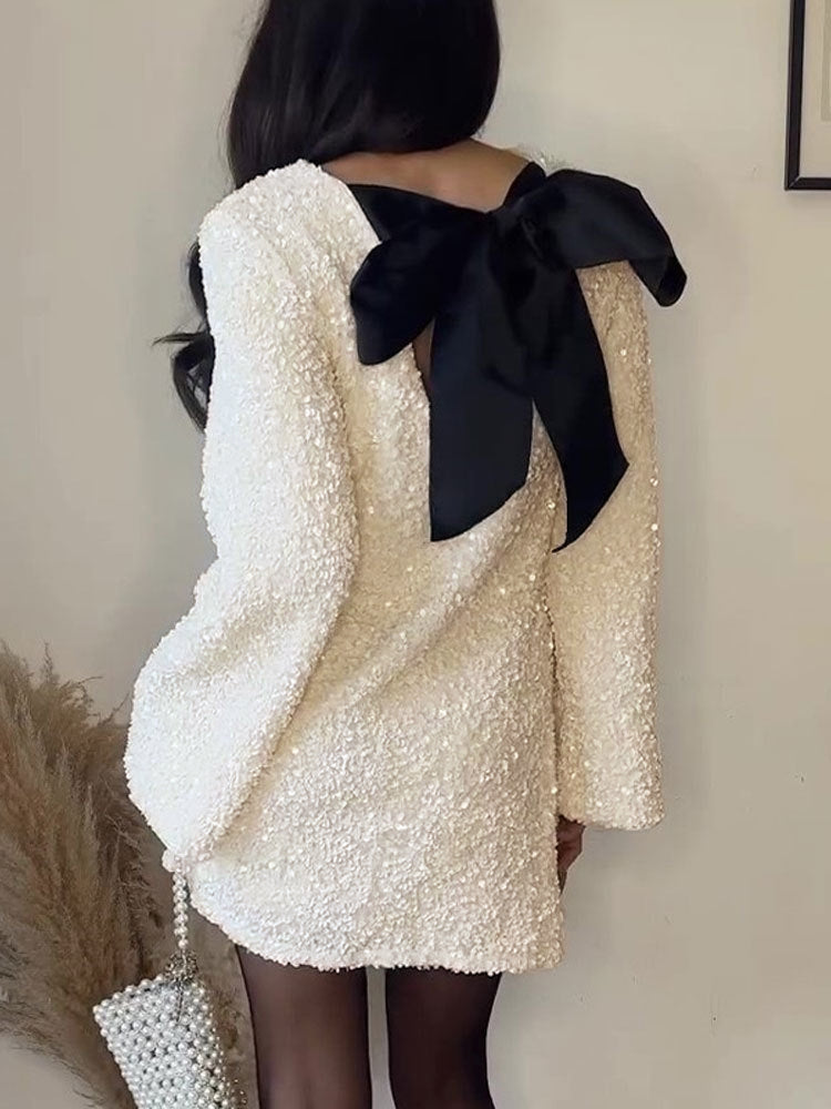 Sequin Knit Long Sleeve Oversized Bow Back A-Line Shift Mini Dress