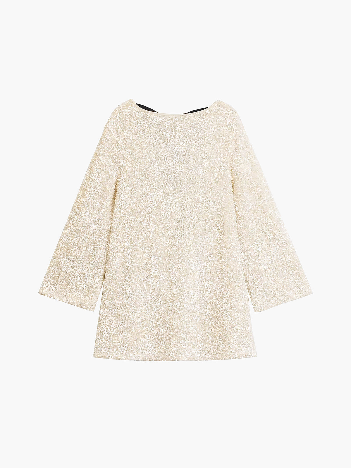 Sequin Knit Long Sleeve Oversized Bow Back A-Line Shift Mini Dress