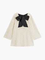 Sequin Knit Long Sleeve Oversized Bow Back A-Line Shift Mini Dress