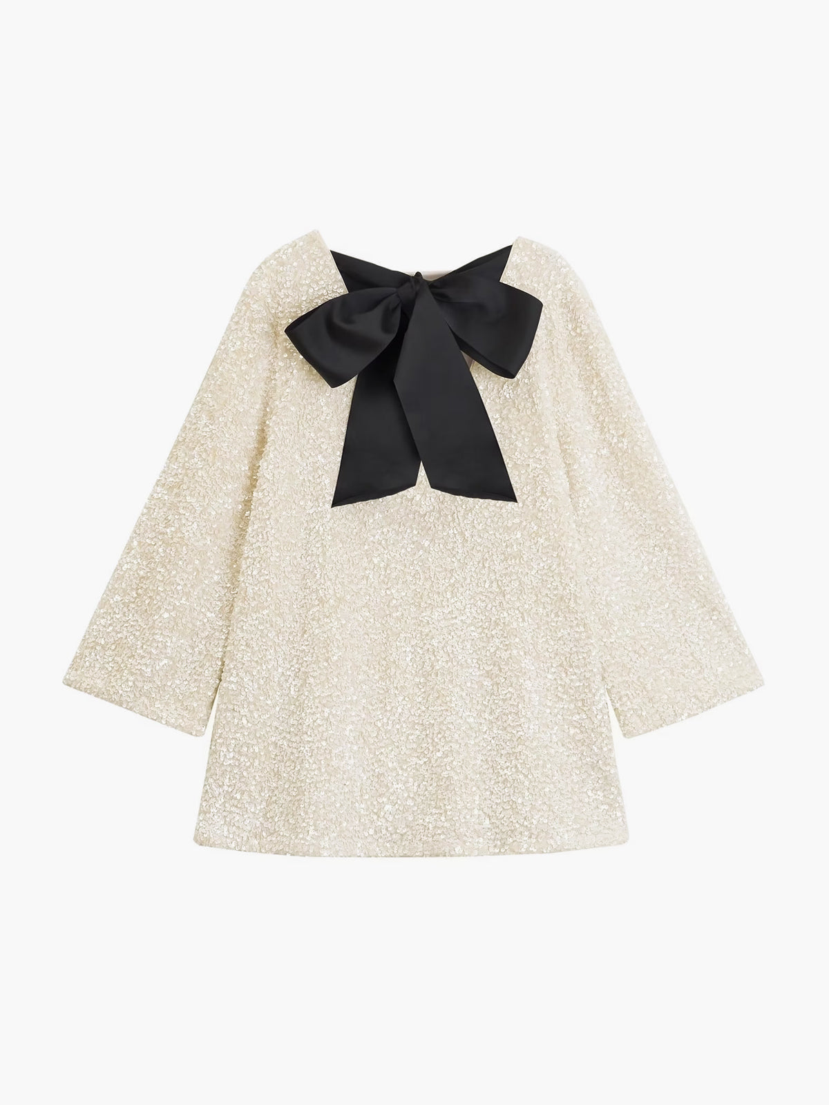 Sequin Knit Long Sleeve Oversized Bow Back A-Line Shift Mini Dress