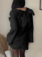 Sequin Knit Long Sleeve Oversized Bow Back A-Line Shift Mini Dress