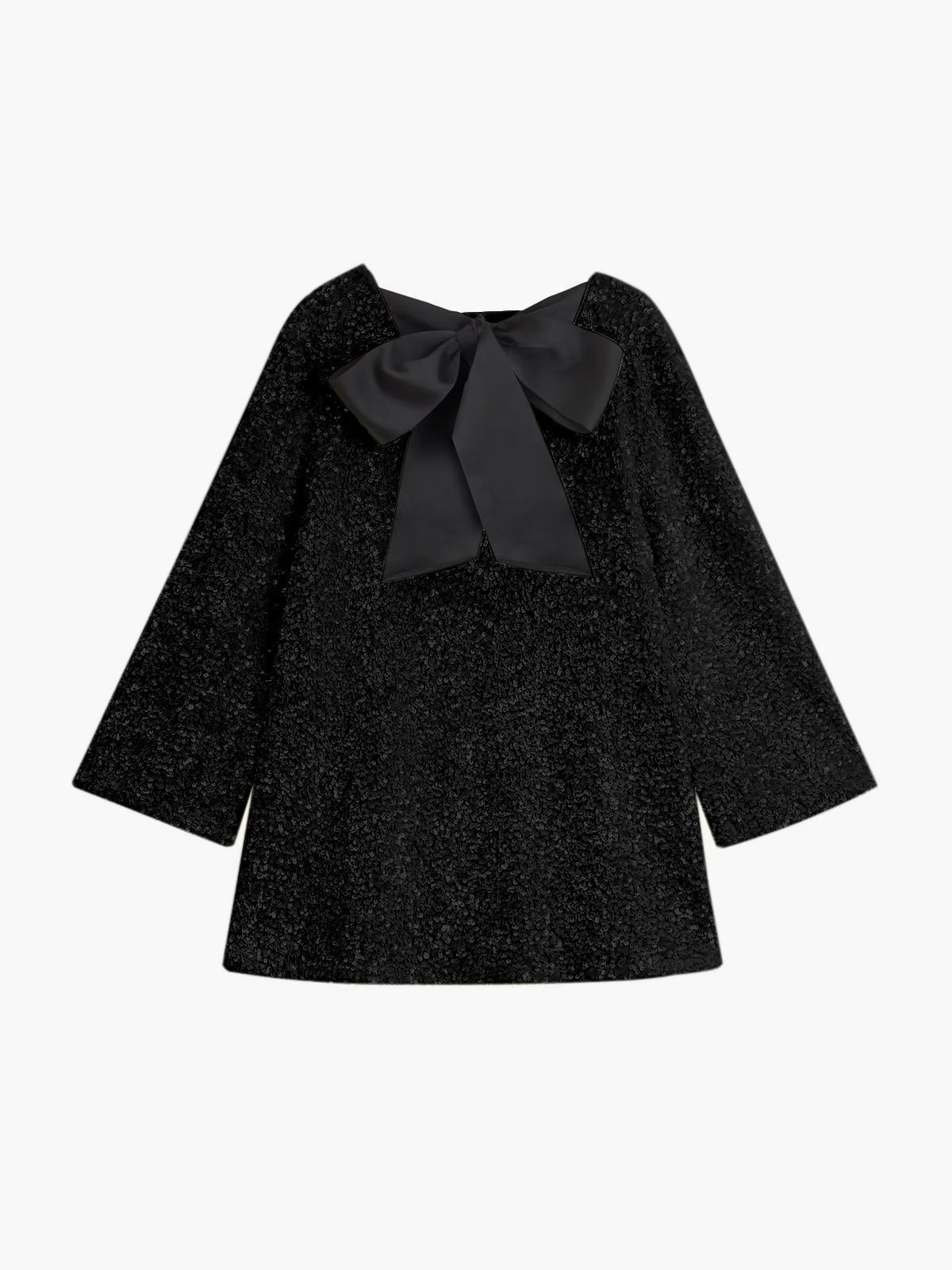 Sequin Knit Long Sleeve Oversized Bow Back A-Line Shift Mini Dress