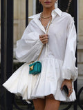 Puff Sleeve Collar Button Front Gathered Babydoll Balloon Hem Mini Shirt Dress