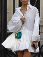 Puff Sleeve Collar Button Front Gathered Babydoll Balloon Hem Mini Shirt Dress