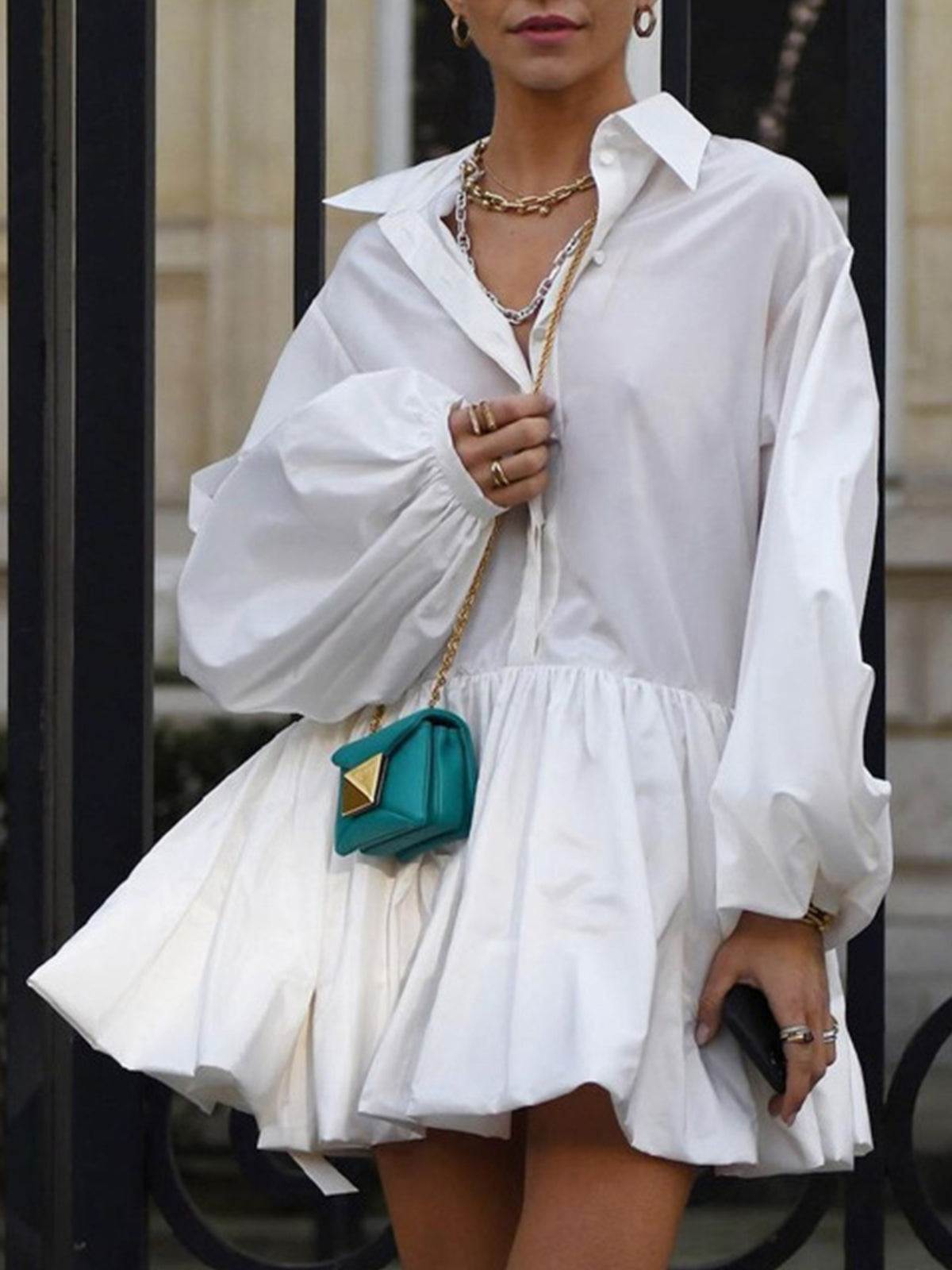 Puff Sleeve Collar Button Front Gathered Babydoll Balloon Hem Mini Shirt Dress