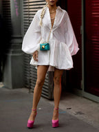Puff Sleeve Collar Button Front Gathered Babydoll Balloon Hem Mini Shirt Dress