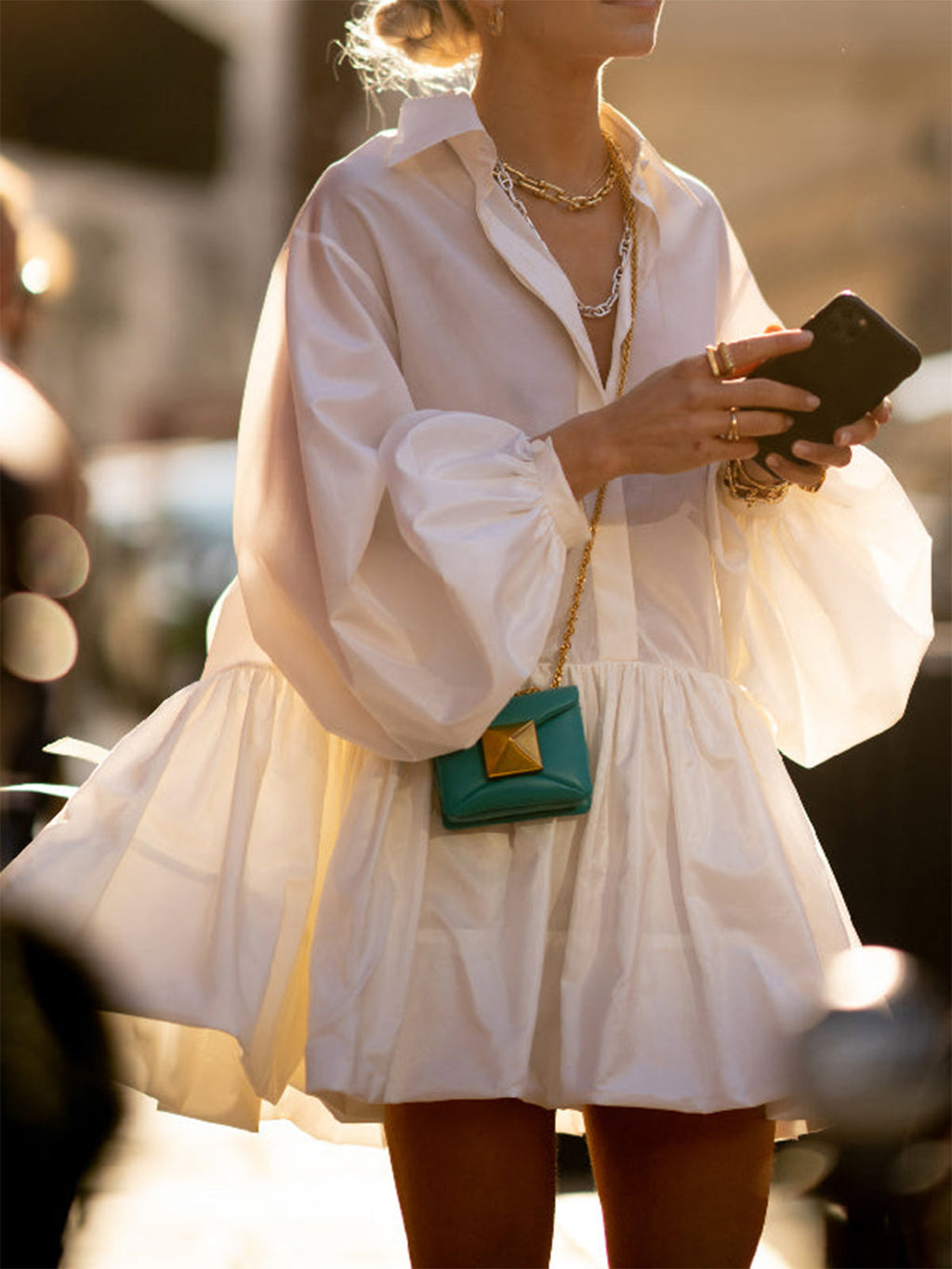 Puff Sleeve Collar Button Front Gathered Babydoll Balloon Hem Mini Shirt Dress