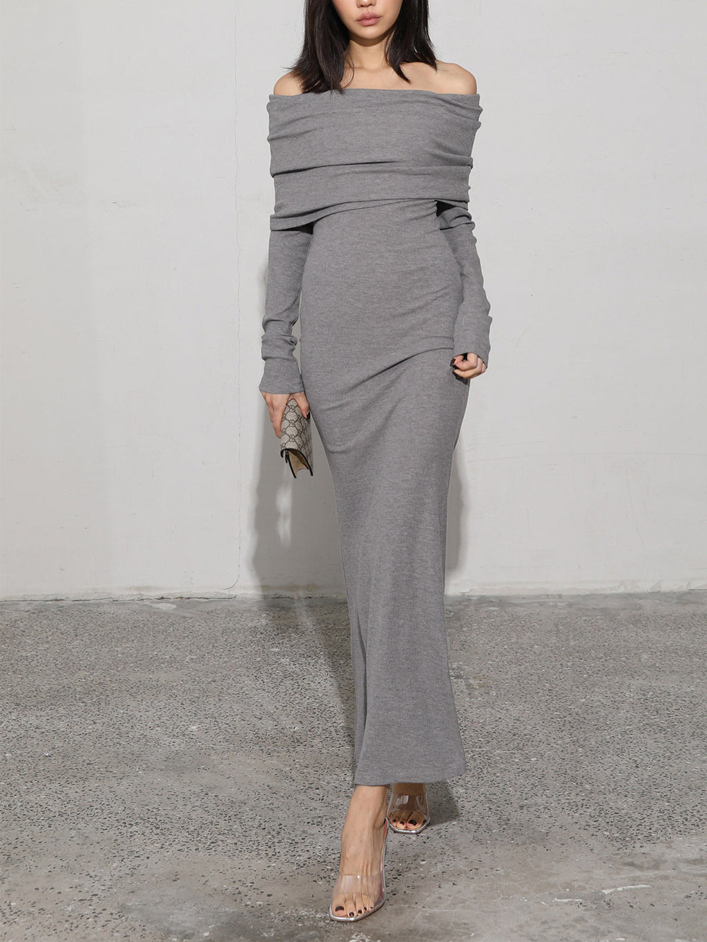 Off Shoulder Foldover Neck Long Sleeve Bodycon Maxi Dress