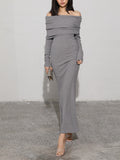 Off Shoulder Foldover Neck Long Sleeve Bodycon Maxi Dress