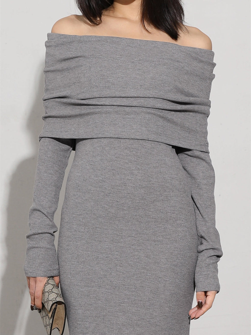 Off Shoulder Foldover Neck Long Sleeve Bodycon Maxi Dress