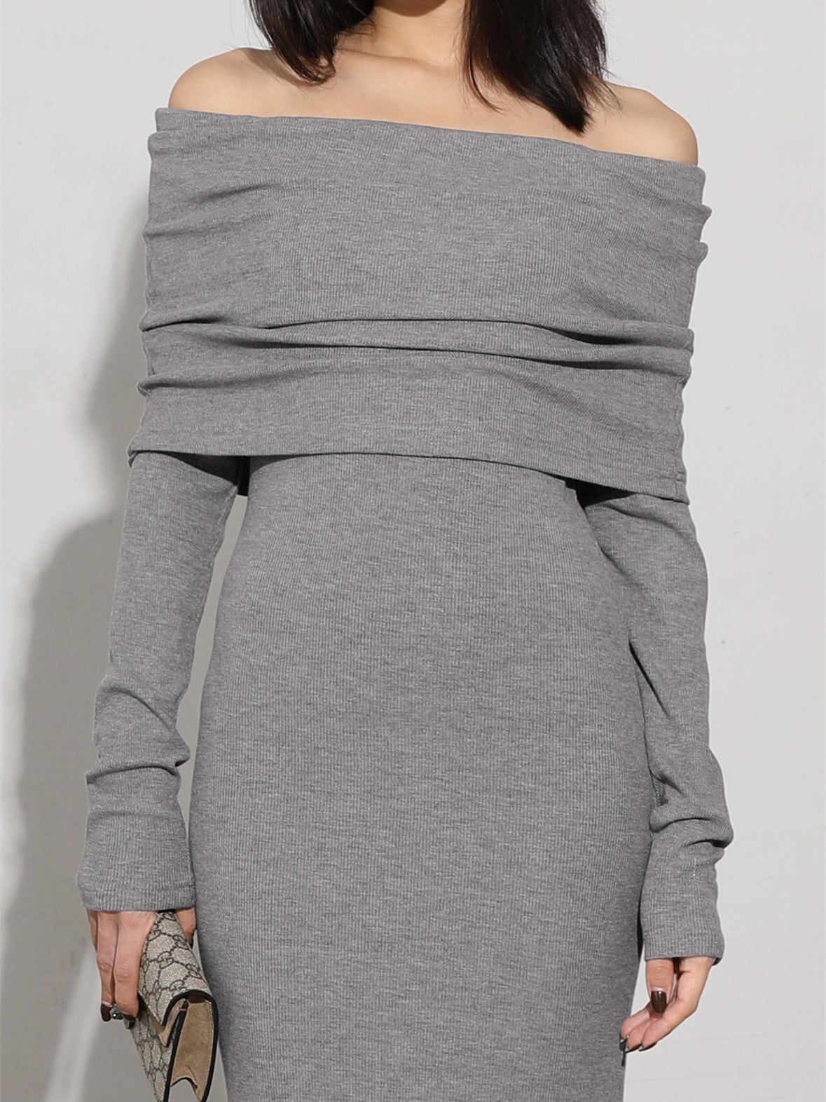 Off Shoulder Foldover Neck Long Sleeve Bodycon Maxi Dress