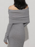 Off Shoulder Foldover Neck Long Sleeve Bodycon Maxi Dress