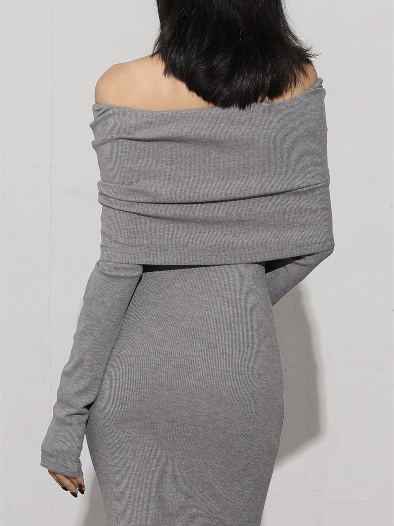 Off Shoulder Foldover Neck Long Sleeve Bodycon Maxi Dress