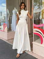 Mock Neck Sleeveless Waist Cutout A-Line Maxi Dress