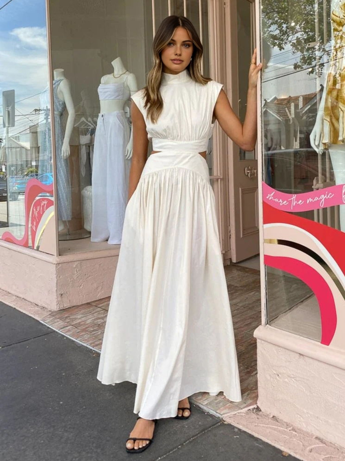 Mock Neck Sleeveless Waist Cutout A-Line Maxi Dress