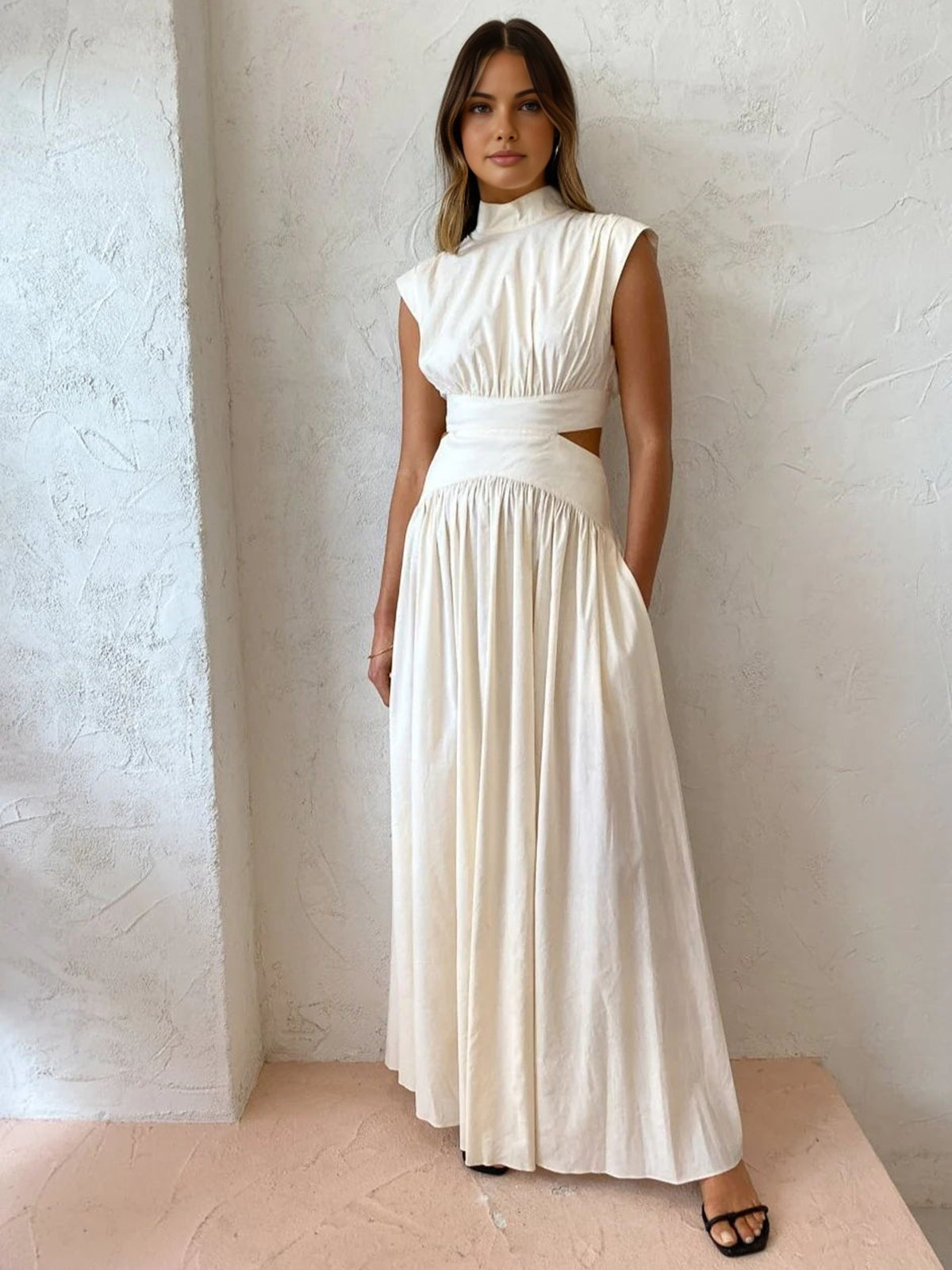 Mock Neck Sleeveless Waist Cutout A-Line Maxi Dress