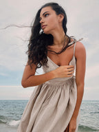 Linen Deep V-Neck Spaghetti Strap Backless Pleated Waist Maxi Dress