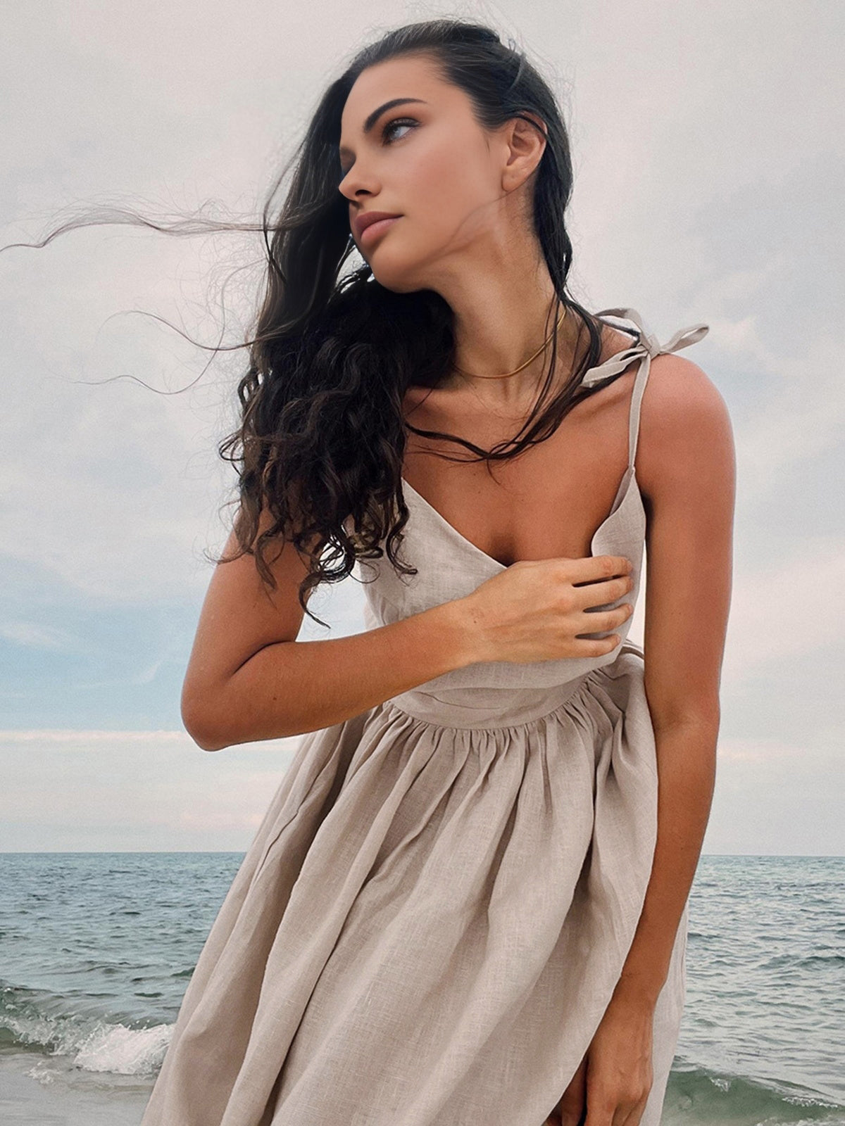 Linen Deep V-Neck Spaghetti Strap Backless Pleated Waist Maxi Dress