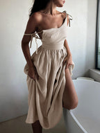 Linen Deep V-Neck Spaghetti Strap Backless Pleated Waist Maxi Dress