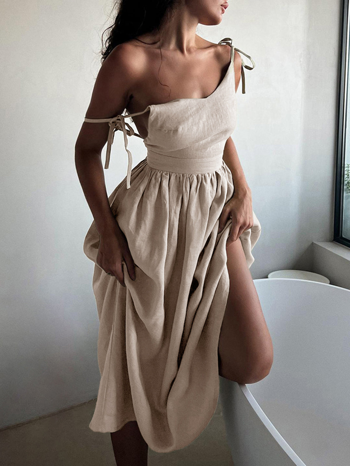 Linen Deep V-Neck Spaghetti Strap Backless Pleated Waist Maxi Dress