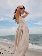Linen Deep V-Neck Spaghetti Strap Backless Pleated Waist Maxi Dress