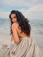Linen Deep V-Neck Spaghetti Strap Backless Pleated Waist Maxi Dress
