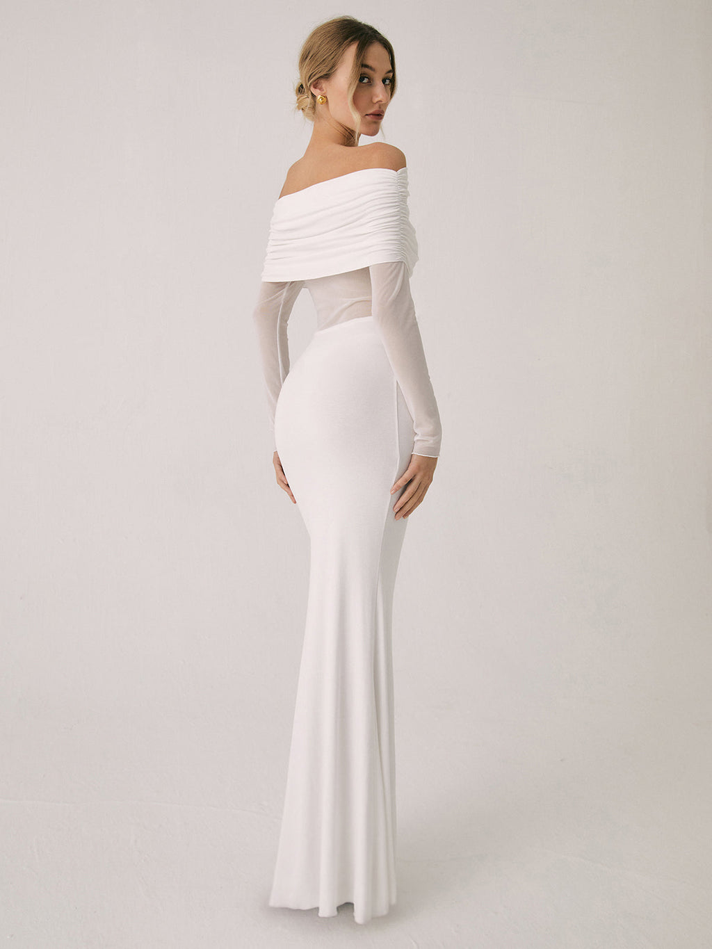 Off Shoulder Ruched Bodice Mesh Waist Panel Long Sleeve Maxi Gown