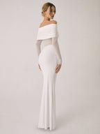 Off Shoulder Ruched Bodice Mesh Waist Panel Long Sleeve Maxi Gown
