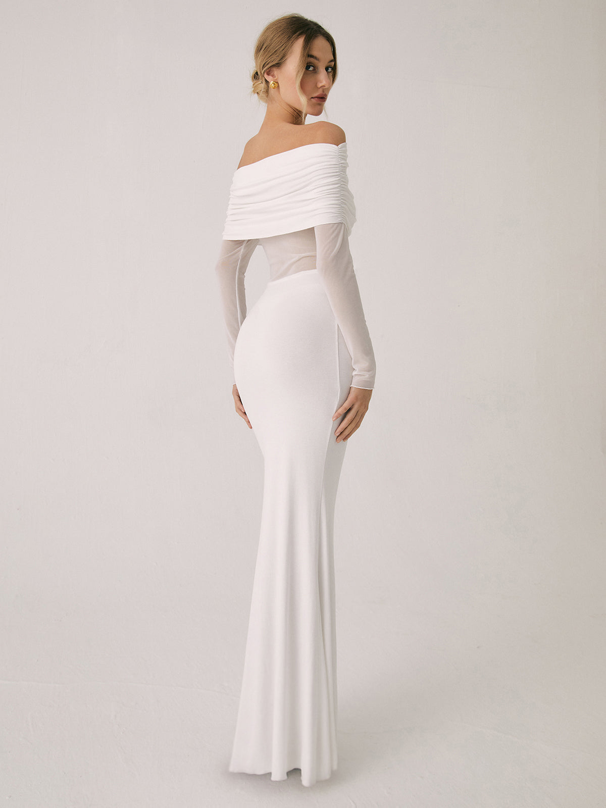 Off Shoulder Ruched Bodice Mesh Waist Panel Long Sleeve Maxi Gown