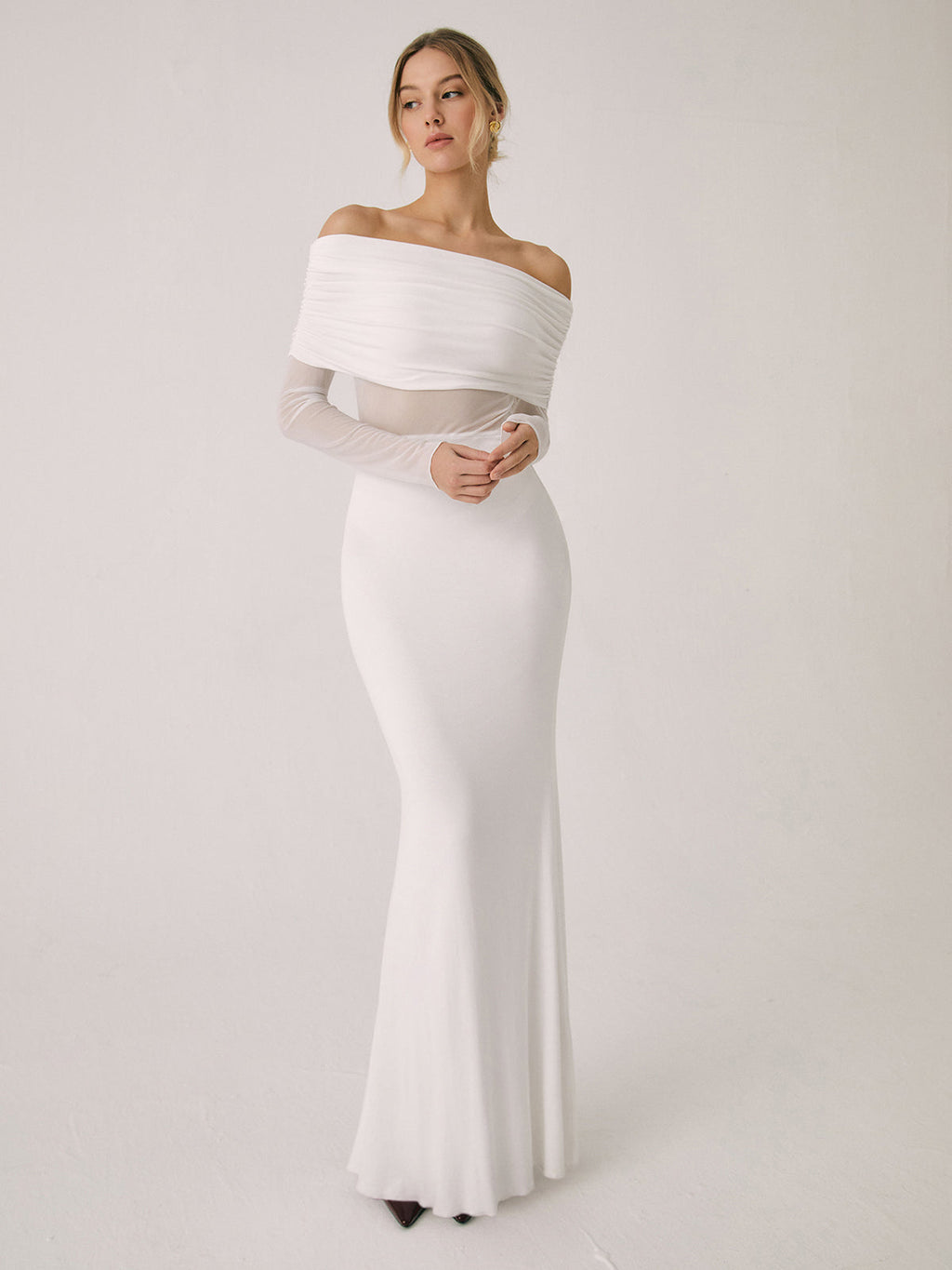 Off Shoulder Ruched Bodice Mesh Waist Panel Long Sleeve Maxi Gown