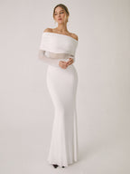 Off Shoulder Ruched Bodice Mesh Waist Panel Long Sleeve Maxi Gown