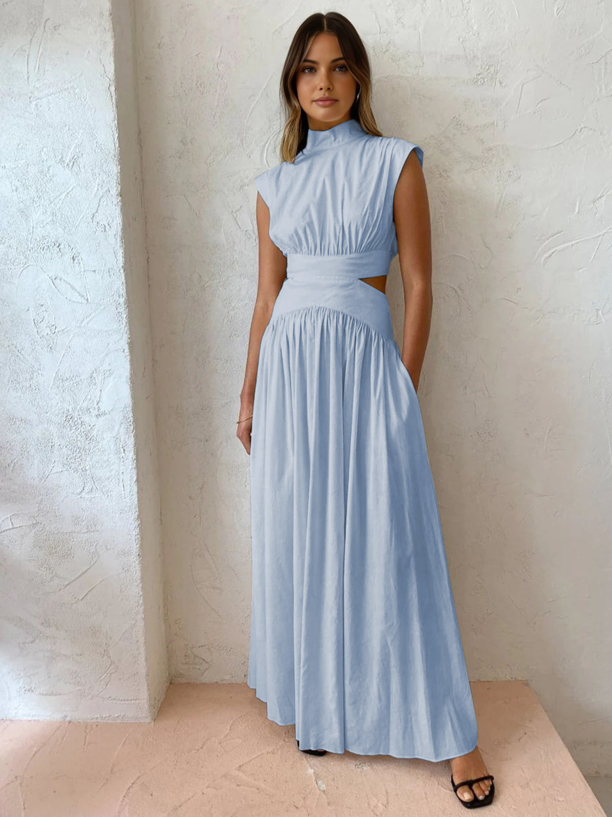 Mock Neck Sleeveless Waist Cutout A-Line Maxi Dress