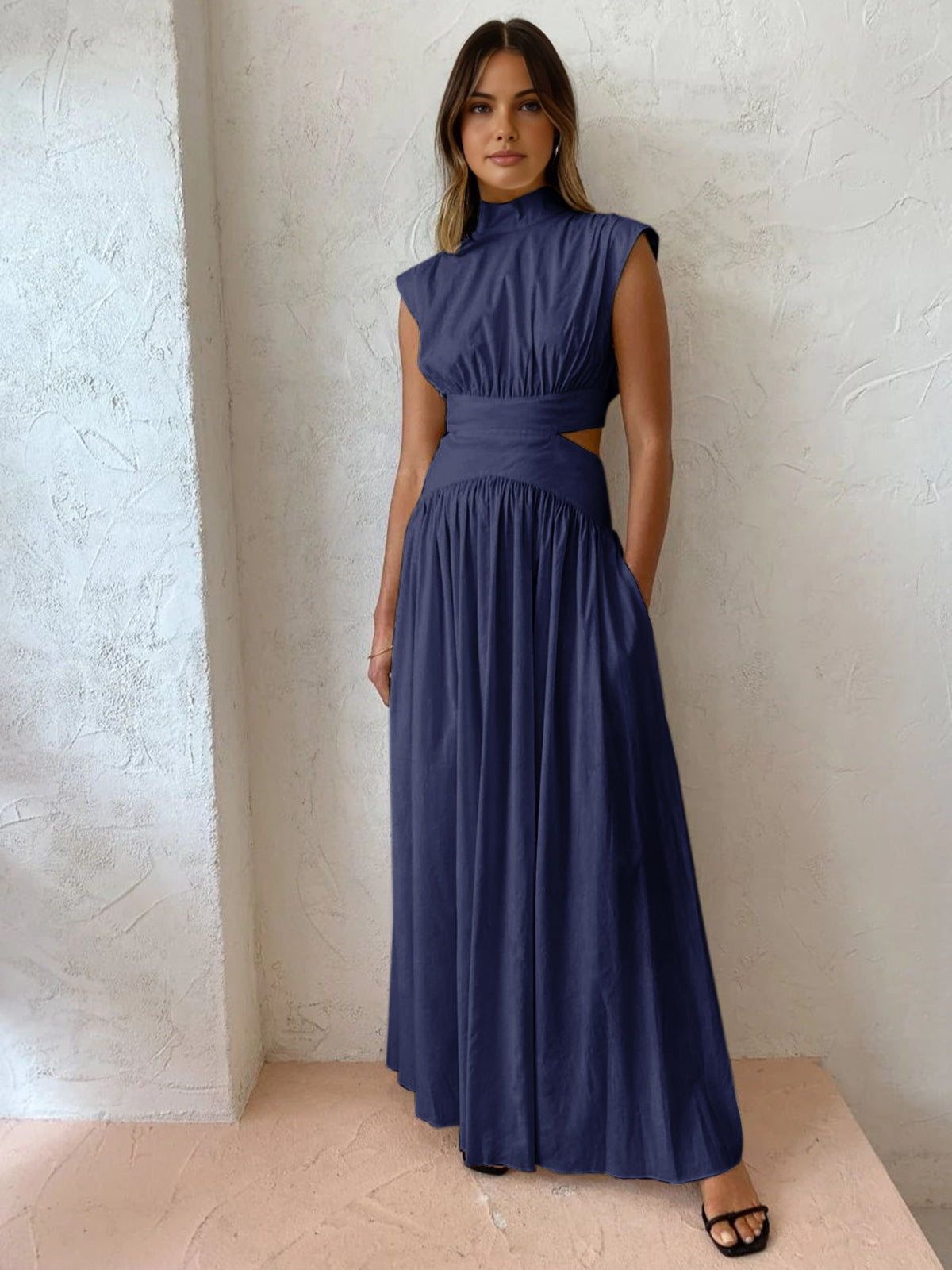 Mock Neck Sleeveless Waist Cutout A-Line Maxi Dress
